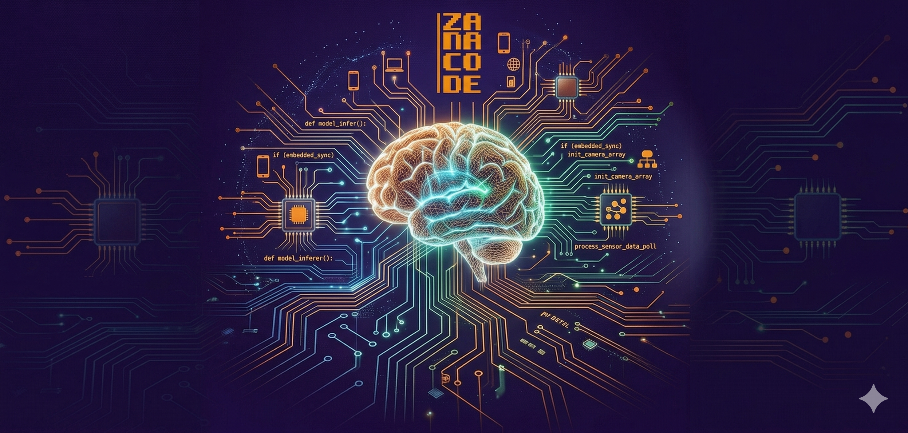 Zanacode illustration: glowing brain as a CPU on a circuit board with code and tech icons — AI, mobile, and embedded software